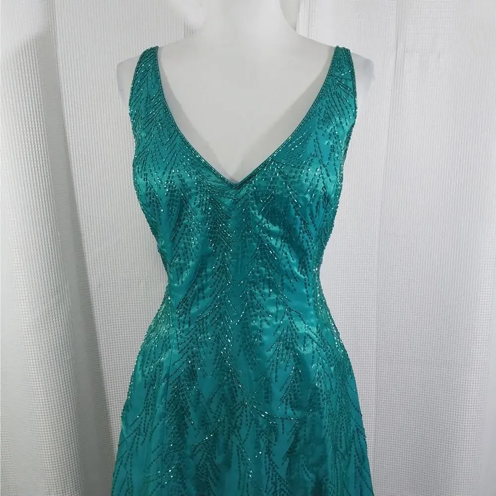 LEGENDS! TURQUOISE BLUE/GREEN IRIDESCENT MAGNIFICENTLY BEADED GOWN, DRESS! SZ 16 - Picture 3 of 11